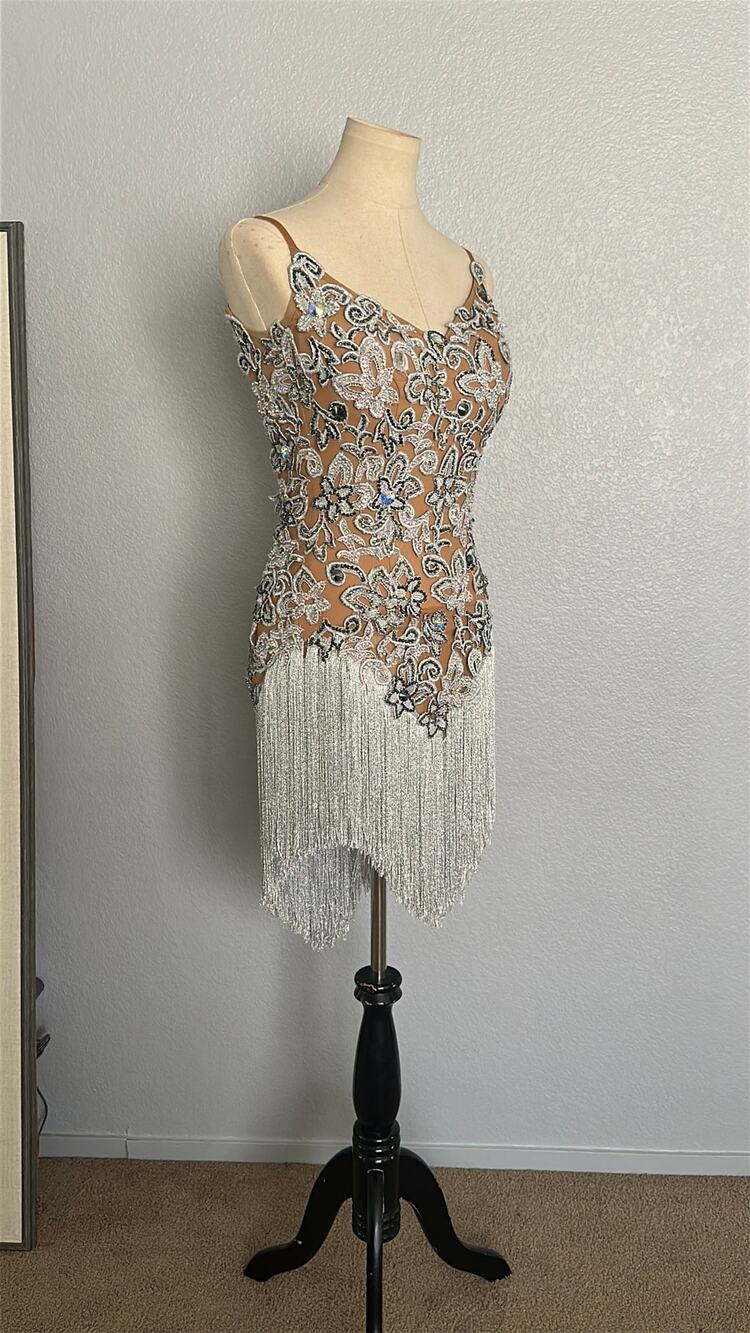 Silver Lace Rhinestone Fringe Dress Western Glam Latin Rhythm Mini XS/S